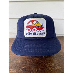 Vintage Fisher Auto Parts Navy Blue Patch Auto Snapback Hat V3